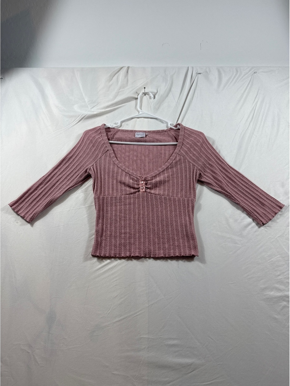 Out From Under Pink Ribbed Knit 3/4 Sleeve Crop Top Size S